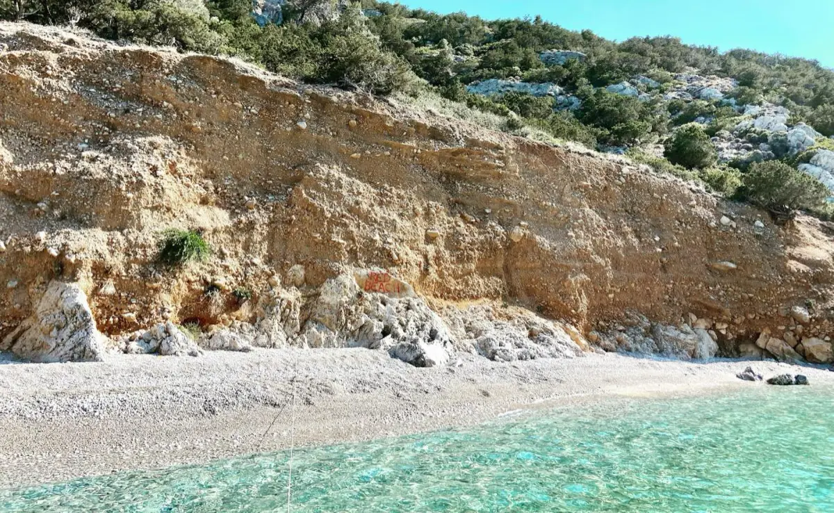 Red clay cliffs above a pebble beach with clear turquoise water near Porto Germeno