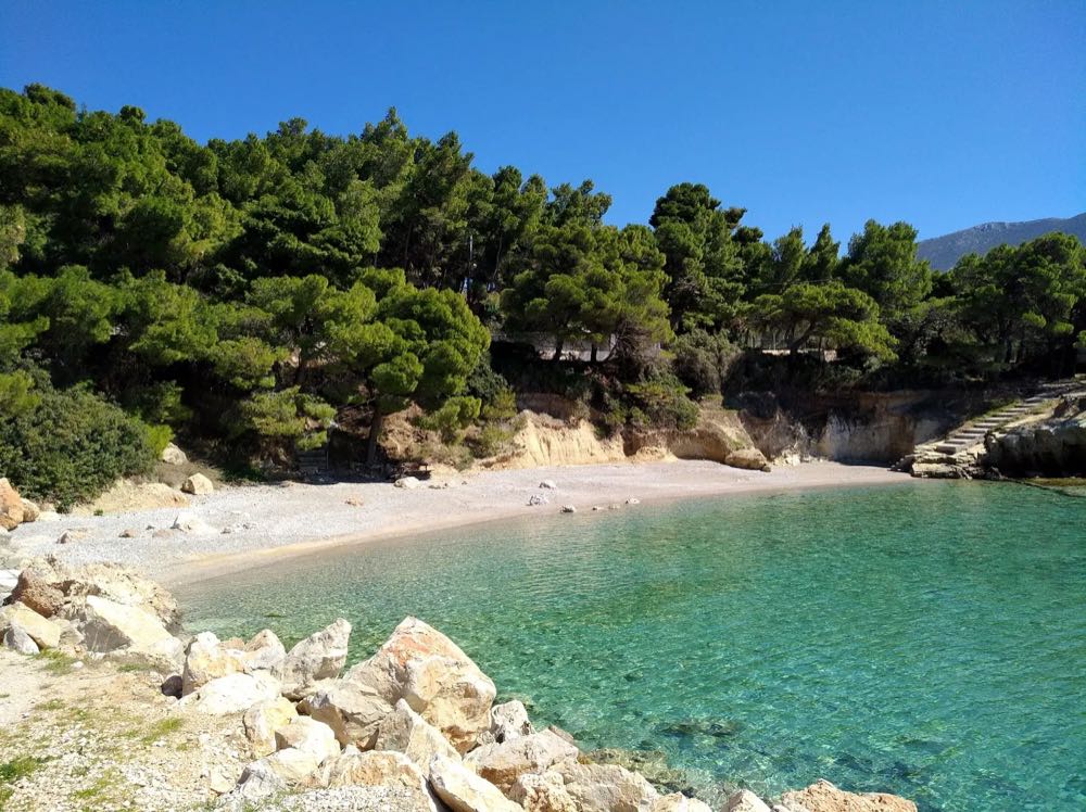 Secluded pine-fringed cove with clear turquoise water near Porto Germeno